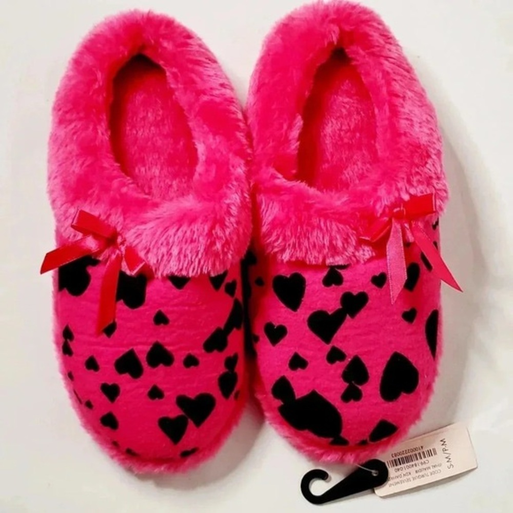 NWT Lasenza  Pink &  Black Hearts Fleece indoor Comfort Shoe Sz S M 6  7 US